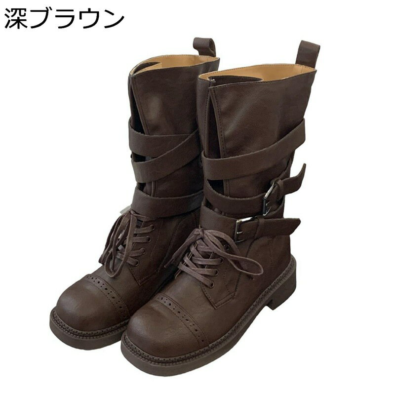 ジョッキーブーツ ベルト ラウンドトゥ ロングブーツ レディース PUレザー 膝丈 防滑 防水 コンフォー..