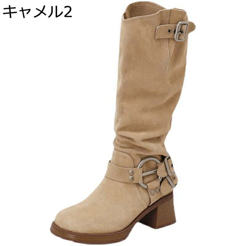 ミドルブーツ レディース ジョッキーブーツ ラウンドトゥ チャンキーヒール 無地 ゴムソール 滑り止め ..