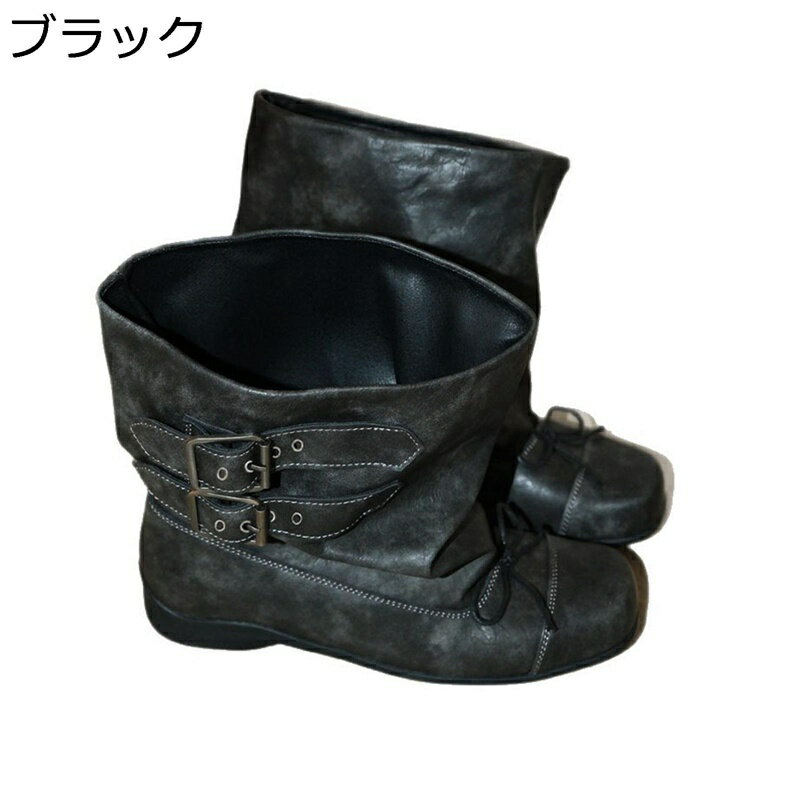 ミドルブーツ レディース ラウンドトゥ 牛革 履き口広い ジョッキーブーツ 暖かい ゴムソール 滑り止め..