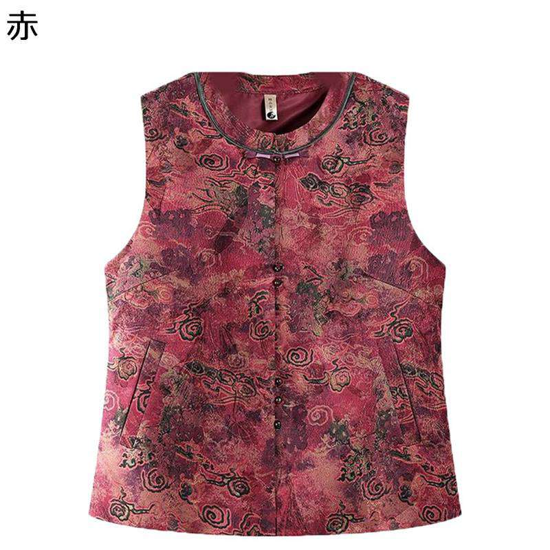 レディース 高齢者ベスト 袖なしジャケット 中華風 花柄 チョッキ 中年向け Vネック 前開き シニア女性 お年寄り レトロ ポケット カジュアル 敬老の日 お出かけ お母さん エレガント(4.0)