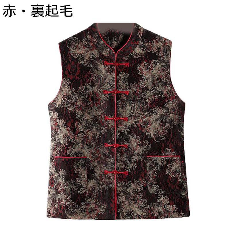 高齢者ベスト 裏起毛 保温 防風 暖かい 秋冬服 中年向け レディース 花柄 チャイナスタイル チョッキ ジレベスト 中華風 40代 50代 60代 70代 80代 シニア女性 両サイドポケット 敬老の日のサムネイル