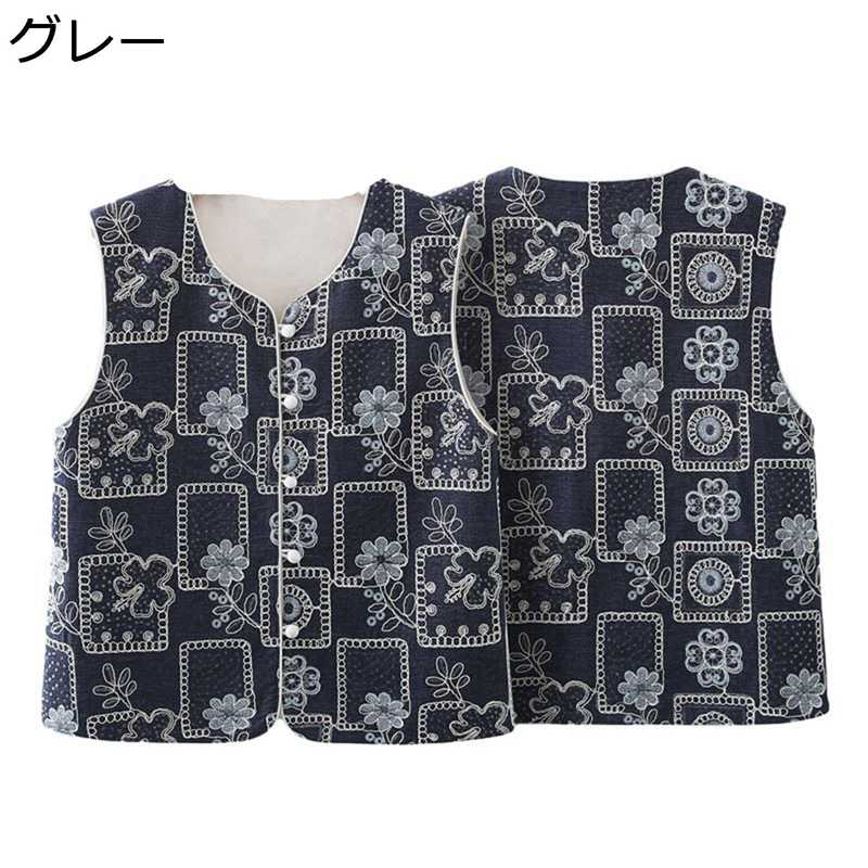 ベスト 総柄 花柄 婦人服 レディース インナー 防寒ベスト 民族風 エスニック 秋冬服 チョッキ レトロ 袖なし シニア女性 高齢者 中年 40-70代 普段着 屋内または屋外 アウトドア お年寄り
