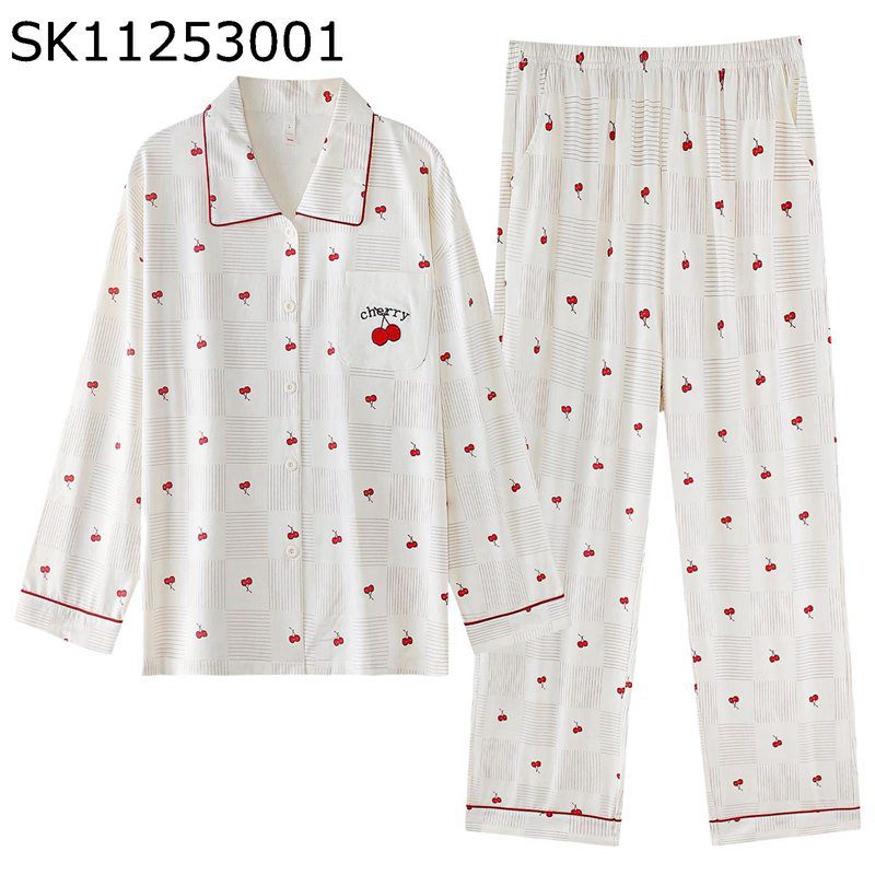 綿100 コットン パジャマセット レディース 上下セット 白 ホワイト チェリー柄 ボタン 部屋着 寝間着 ..