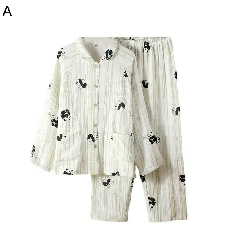 4重ガーゼ100 綿 パジャマセット レディース 上下セット 総柄 パンダ ルームウェア 寝間着 便利服 長袖 ロングパンツ 薄い エレガント 春 夏 秋 お風呂上り 湯上り 入院用 旅館 肌に優しい ゆったり ギフト