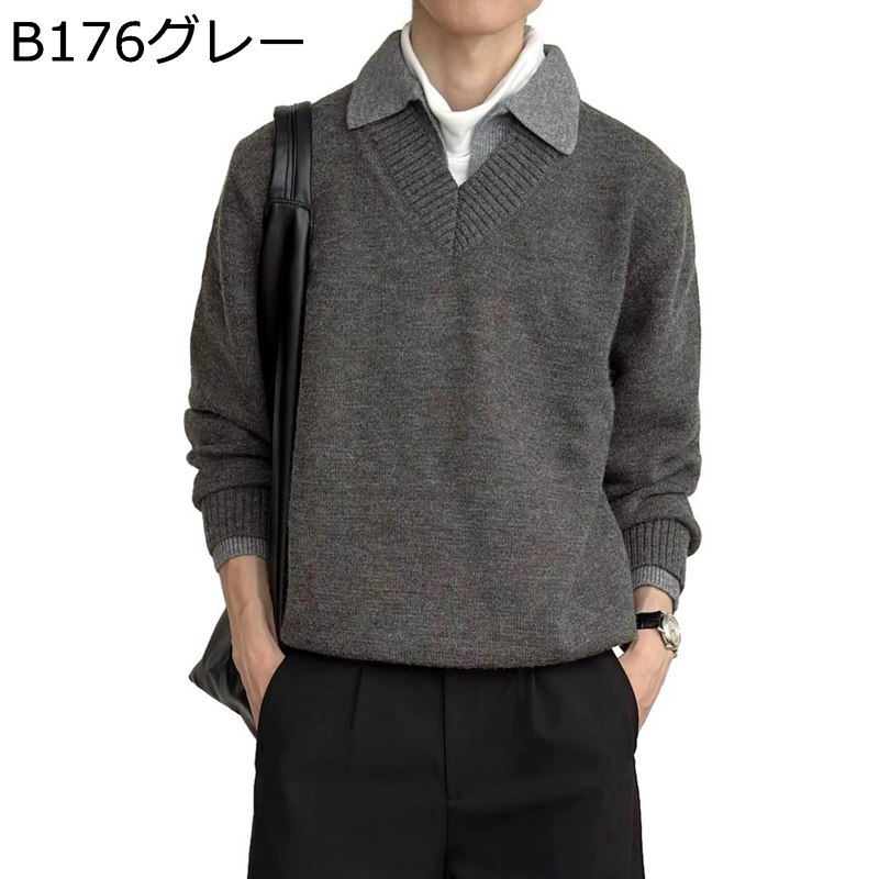 メンズ 長袖ニットセーター 春秋 ポロシャツ 無地 ベーシック 暖かい 二枚重ね風 抗菌防臭 着心地のいい 通学 普段着 グレー ベーシック ムーディー プレゼント ビジネス かっこいい