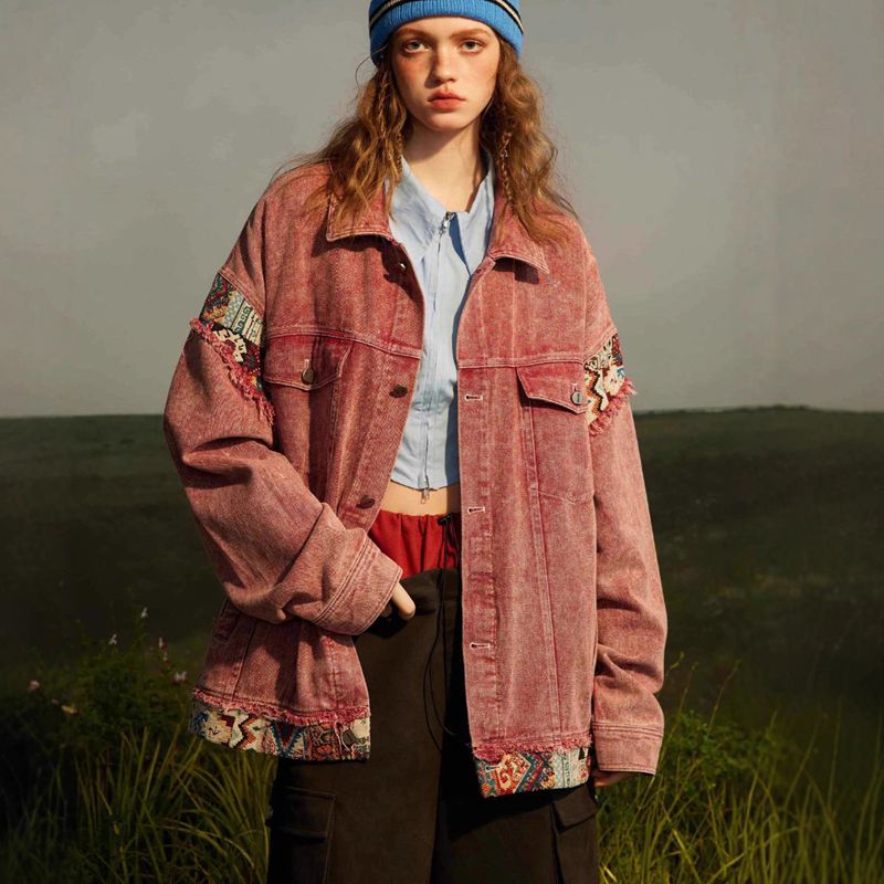 ジャケット メンズ デニム レディース ジージャン アウター カジュアル ウォッシュ加工 ピンク エスニック風 民族風 切り替え 古着 かっこいい おしゃれ ストリート系 ユニセックス カジュアル 旅行 秋服 春服