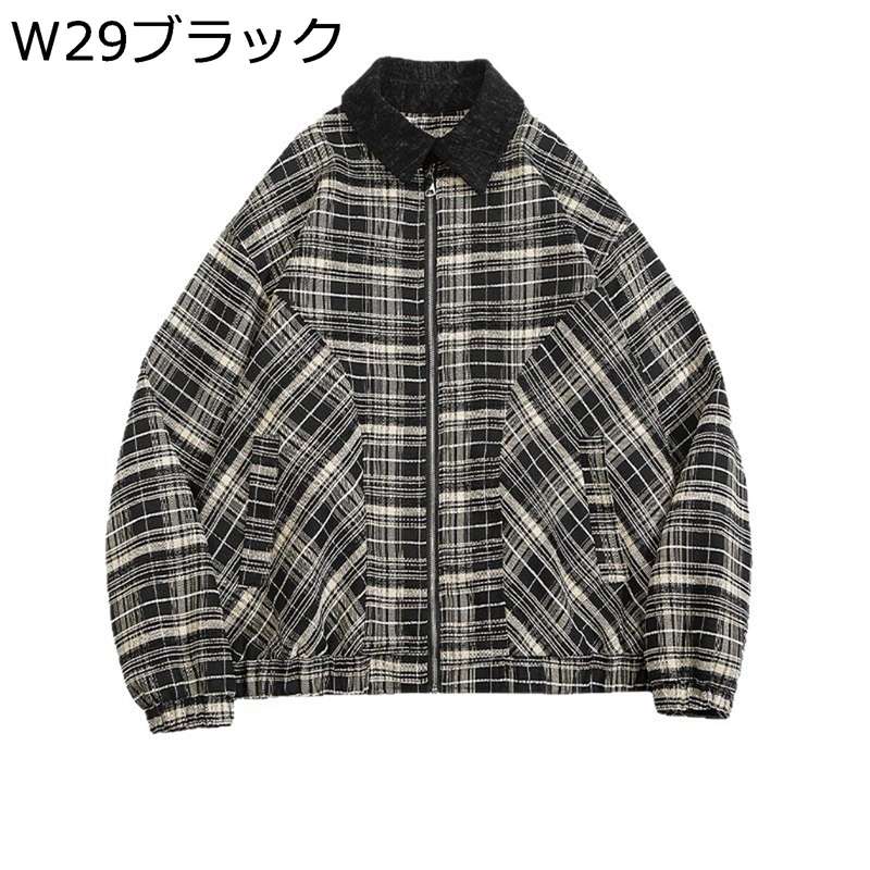 ジャンパー メンズ チェック柄 ゆったり フライトジャケット 韓国風 レトロ ショートコート ビックシルエット ストリート系 スタジアムジャンパー ジッパー アウター 春服 秋服 冬服 襟付き 上着 青年 アウター