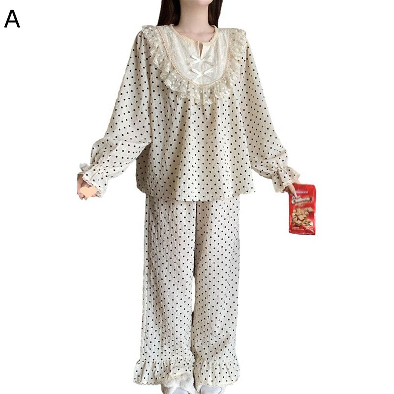 パジャマセット レディース 上下セット フリル 水玉柄 姫系 おしゃれ ヴィンテージ 長袖 ロングパンツ ..