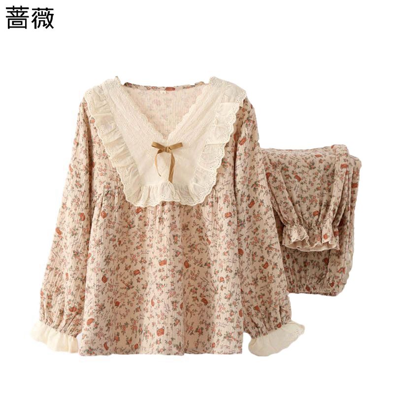 パジャマ レディース 上下セット コットン100 リボン レース 小花柄 カーキ 姫系 ヴィンテージ 綿 部屋..