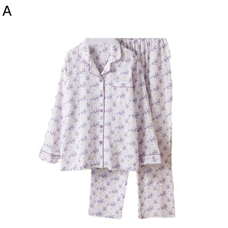パジャマ 部屋着 綿100 ガーゼ 小花柄 コットン レディース 上下セット 長袖 ロングパンツ 寝巻き ナイトウェア 乾燥肌 軽量 柔軟性 萌え萌え ボタン 開襟シャツ パープル ブルー ベージュ ピンク(4.0)