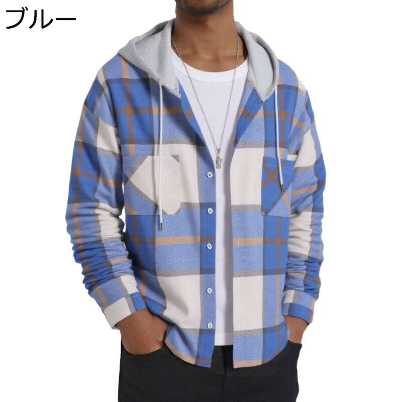 カジュアルシャツ メンズ ジャケット 長袖 フード付き チェック柄 韓国風 ファッション ゆったり アウター トップス 春秋 ブルゾン おしゃれ 街着 デイリー お出掛け プレゼント