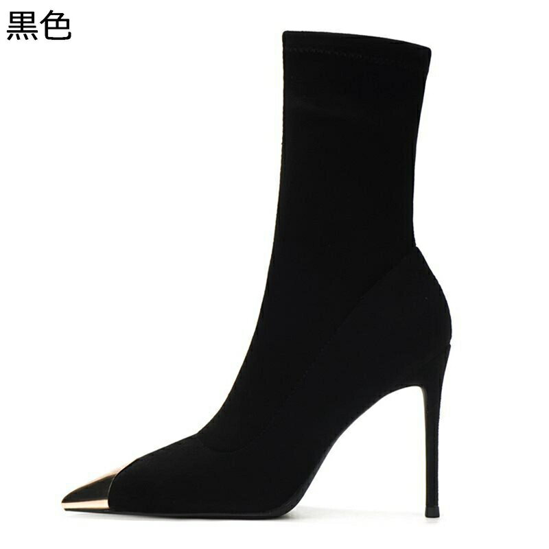 ブーティ スエード 黒 ポインテッドトゥ 金属つま先 ショートブーツ ハイヒール8cm レディースブーツ ..