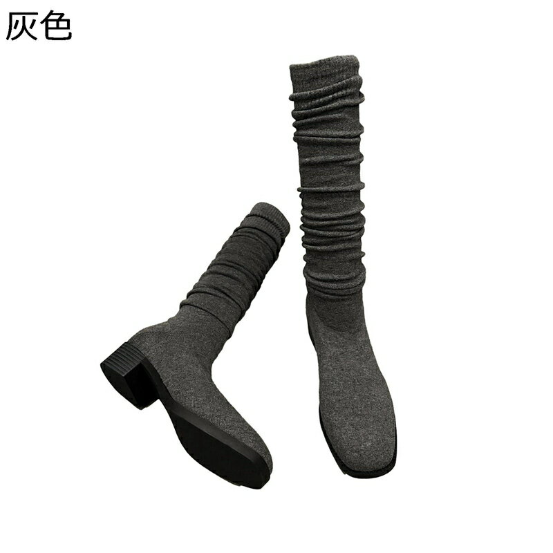 レディース ロングブーツ 弾力性ブーツ ソックスブーツ オーバーニーハイブーツ 太ヒール ミドルヒール..