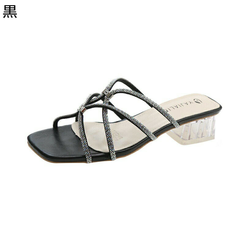 サンダル 編み上げ スリッパ サボ スパンコール ラインストーン ミュール レディース スクエアトゥ ストラップ ミドルヒール スクエアヒール 夏 ボヘミア風 ローマ 通気性 簡潔 きれいめ