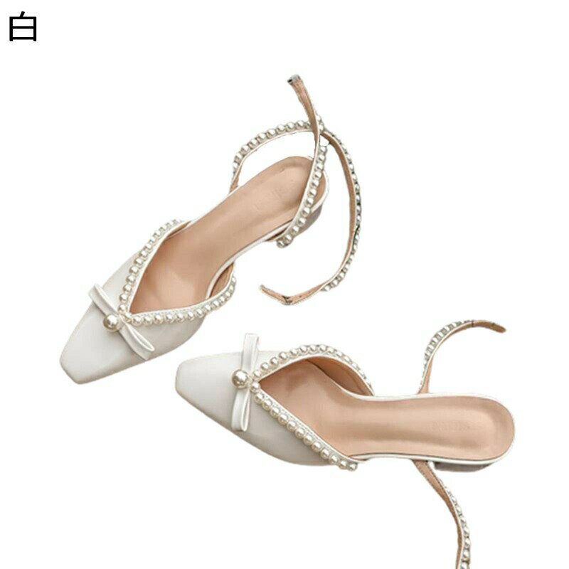 サンダル 蝶結び リボン パール 真珠 甲ストラップ ミュール つま先あり 春夏用 クロスストラップ つや感素材 ミドルヒール ポインテッドトゥ レディース 太ヒール 速乾 滑り止め 女性用