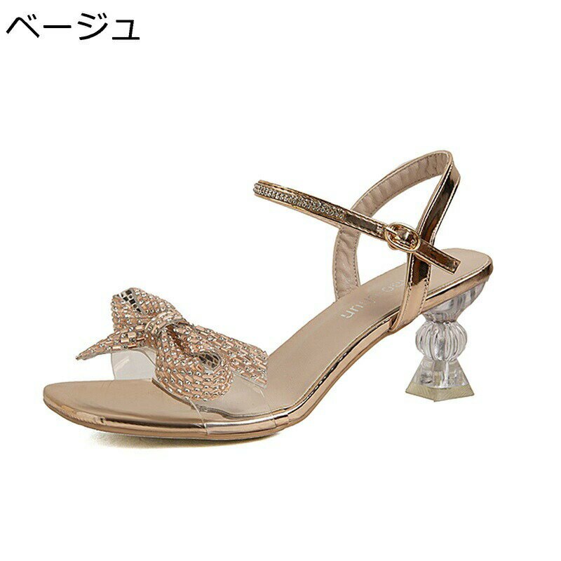 ラインストーン ダイヤ式 蝶結び 甲ストラップ リボン ハイヒール サンダル レディース スクエアトゥ 粗いかかと エレガント 森ガール 姫系 宴会 結婚式 お茶会 簡潔 きれいめ 夏 蒸れない