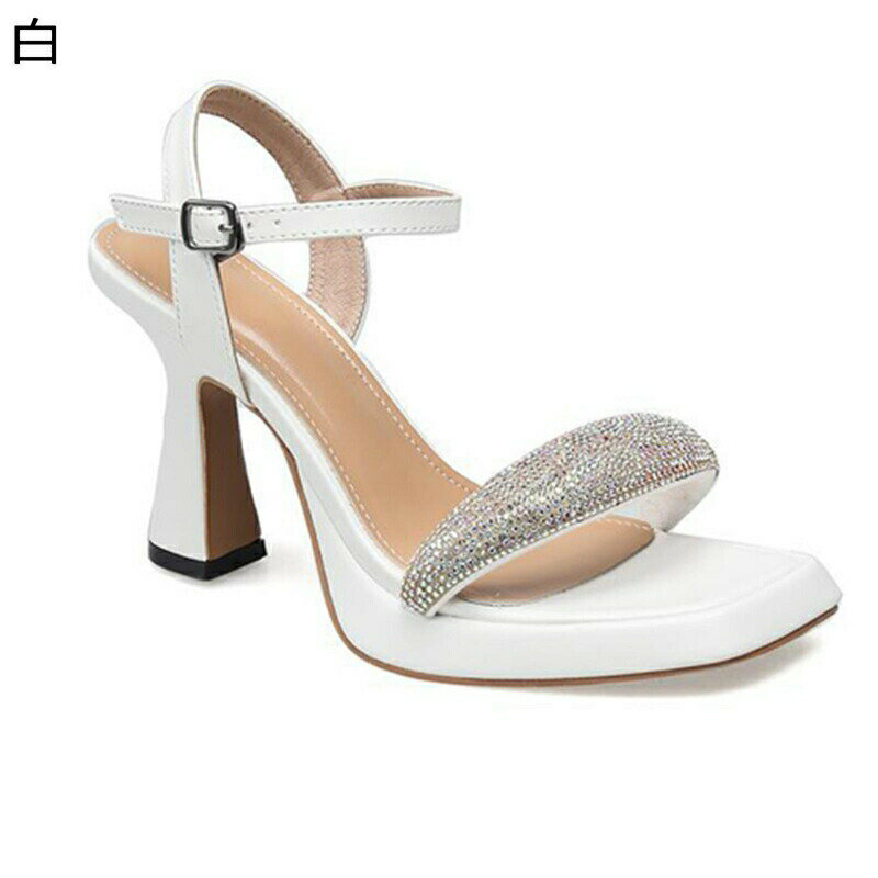 サンダル ラインストーン ダイヤ式 スパンコール 甲ストラップ レディース ハイヒール 太ヒール 可愛い お嬢様風 二次会 フェミニン 演出 仮装パーティー 撮影 美脚 簡潔 通気性 夏