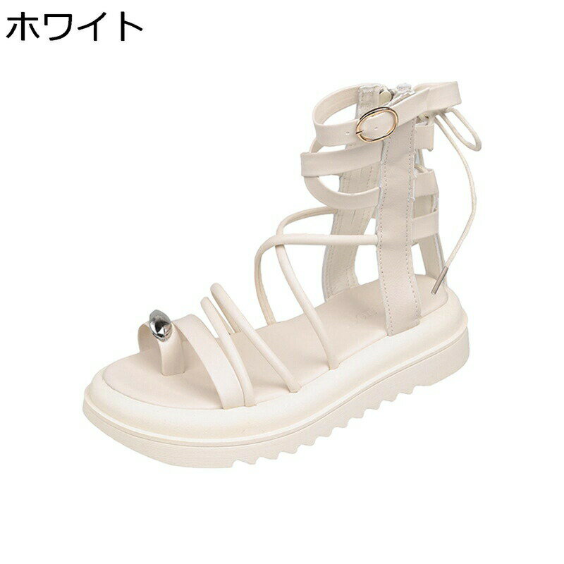 グラディエーター フラット サンダル レディース ハイカット サイドジッパー オープントゥ PUレザー 防滑 夏 透かし彫り 編み上げ ストラップ ローマ風 ゴム サマーブーツ ロック