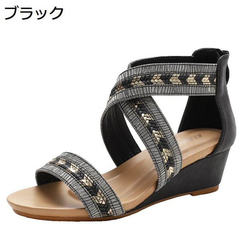 ウェッジヒールサンダル レディース オープントゥ グラディエーターサンダル バックジッパー 歩きやすい 履きやすい 大きいサイズ フラット 夏 軽量 通気性 防滑 ビーチサンダル レジャー 通勤
