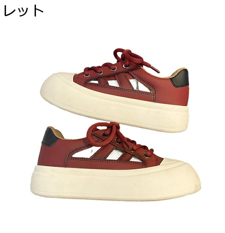 厚底 透かし彫り スニーカー 夏 レディース レースアップ メッシュ ローカット 背が5cm高くなる 革 可..