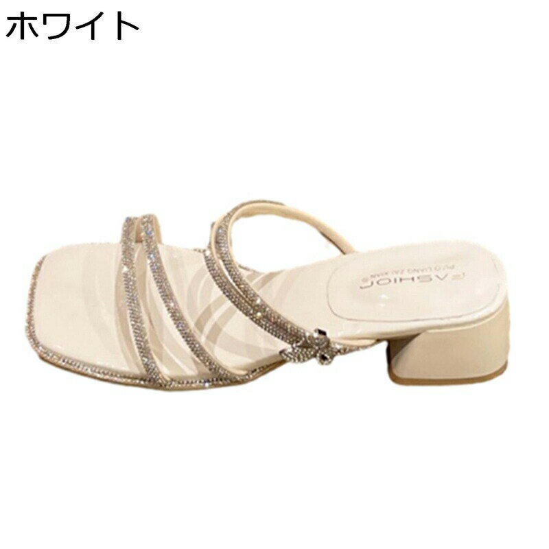 ミュール レディース 小さいサイズ メタリック 4cmヒール オープントゥ スクエアトゥ チャンキーヒール キラキラ 夏 美脚 ビーチサンダル パーティー デート スリッパ オシャレ 女子会