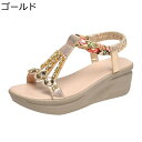 大きいサイズ グラディエーター サンダル 厚底 レディース ビジュー付き花柄 プラットフォーム スリッポン 小さいサイズ 6cmヒール 夏 メタリック オシャレ 滑り止め 通勤 通学 日常 旅行