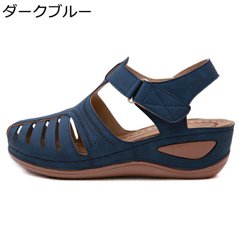グルカサンダル ウェッジヒール レディース 厚底サンダル ウエッジソール レザーサンダル 大きいサイズ ベルクロ 婦人靴 お年寄り クッション性 柔らかい 前ふさがり カジュアル 軽量 滑り止め