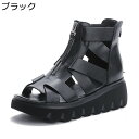本革サンダル レディース ブーツサンダル オープントゥ ショットブーツ 厚底 フロントジッパー プラットフォーム 身長up カジュアル ヴィンテージ 夏 クッシ...