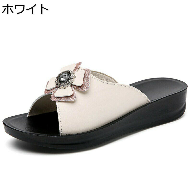 サンダル レディース レザー フラット スリッパ ミュールサンダル お花 宝石飾り 夏サンダル 春 夏 大..