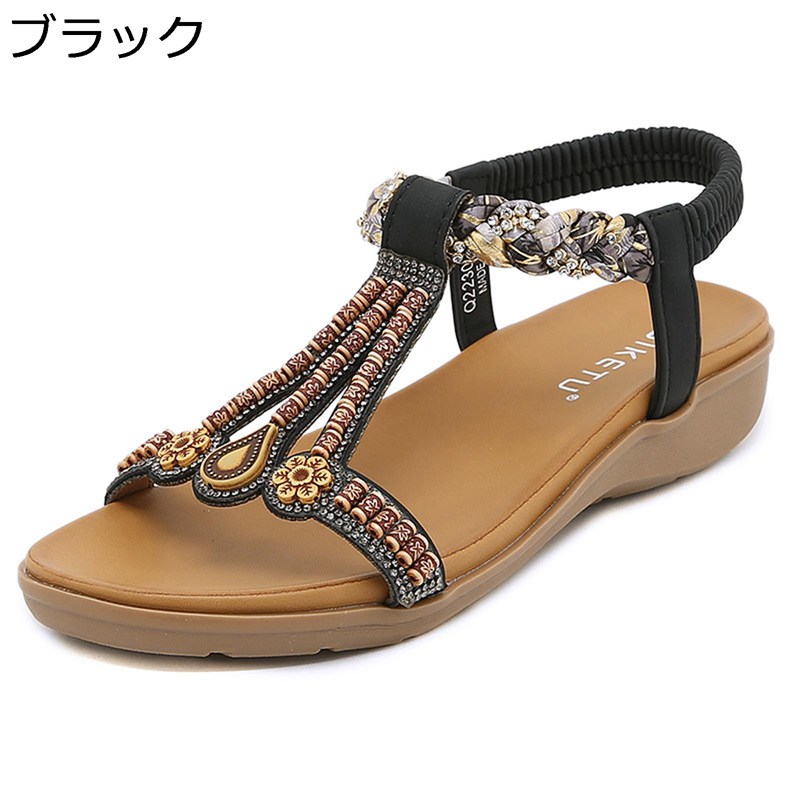 サンダル ビーサン レディース 26.0cm ビーチサンダル サマーサンダル ウェッジ ビーズ 大きいサイズ ボヘミアンラインストーン サマー ローマ風 レトロ 蒸れにくい 滑りやめ 美脚効果 海辺