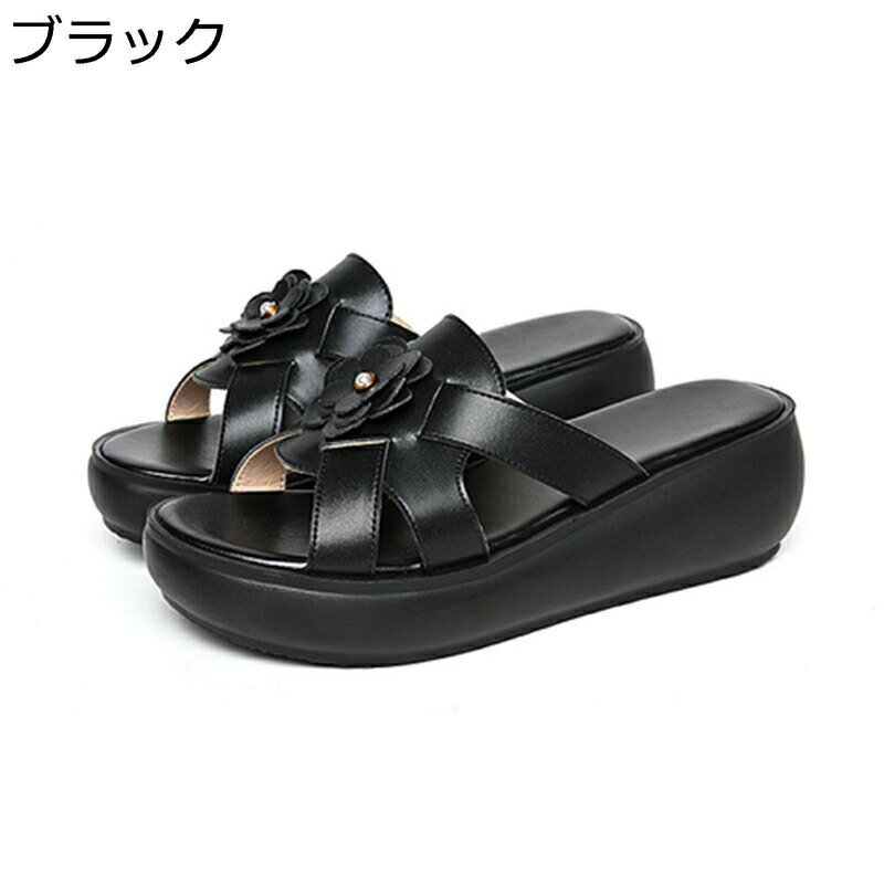 オープントゥ ウエッジサンダル レディース ミュール サンダル 花飾り 婦人用 夏 スリッパ 厚底 革靴 ウエッジソール クッション性 柔らかい 通気 レトロ お年寄り 楽チン 蒸れない 軽量 防滑