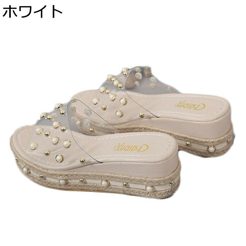 ウェッジサンダル レディース ミュール サンダル 身長UP パール飾り スリッパ 可愛い おしゃれ クリア スリッパ ウエッジソール カジュアル 軽量 クッション性 蒸れない 防滑 吸汗 防臭 ビーチサンダル