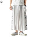 メンズ ワイドパンツ メンズ 鶴柄 和風柄 おおきいサイズ サルエルパンツ 調整紐 袴風パンツ 九分ズボン サイドポケット ガウチョパンツ ビッグシルエット ゆったり 春夏用 肌に優しい
