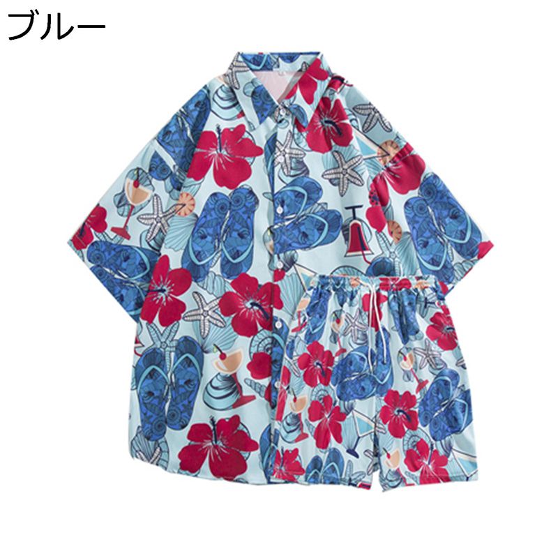 上下セット 大きいサイズ 花柄 アロハシャツ ビーチシャツ メンズ 半袖 短パン 開襟シャツ カジュアルシャツ 夏服 春 ゆったり とろみ 上品 耐摩耗 肌触り...
