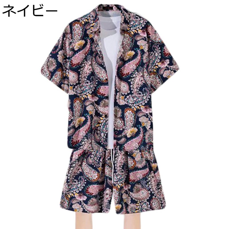 2点セット アロハシャツ 花柄シャツ 3xl ビーチシャツ メンズ 半袖 短パン 前開き メンズシャツ 上着 春秋夏着 とろみ ゆったり 肌触り良い カジュアル...