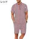 2点セット アロハシャツ 3xl ビーチシャツ メンズ ハワイシャツ ストライプ柄 半袖 短パン ラペル カジュアルシャツ 春秋夏着 細身 簡単 着心地いい リ...