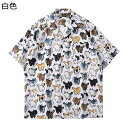 プリントシャツ 猫柄 アロハシャツ 夏服 メンズ 襟付き 半袖 オーバーサイズ ボタンダウン カジュアルシャツ 日焼け止め UVカット ビーチ リゾート 薄手 ...