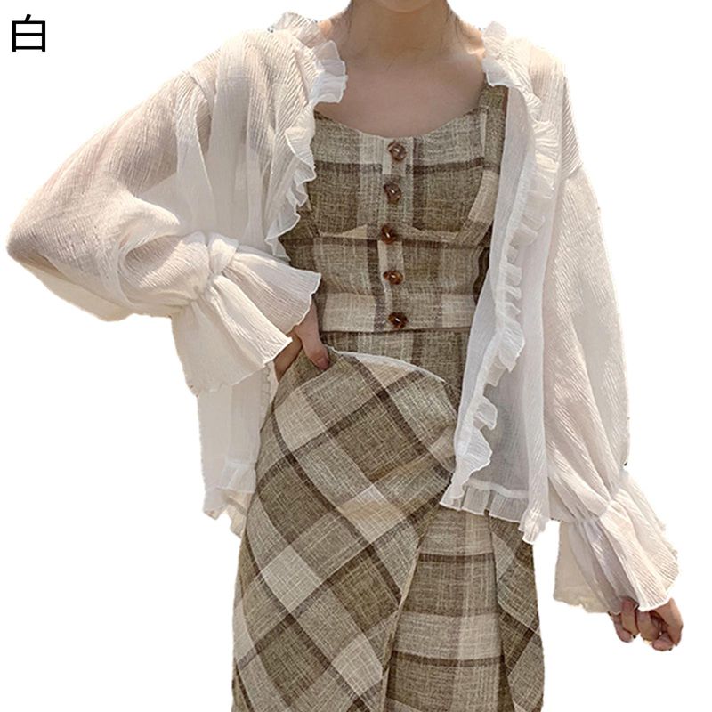 シフォンブラウス レディース カーディガン パフスリーブ フリル ミドル丈 ビーチウェア ビキニカバー 体型カバー 透け感 春夏用 お出掛け 紫外線 UVカット エレガント かわいい 日常 普段