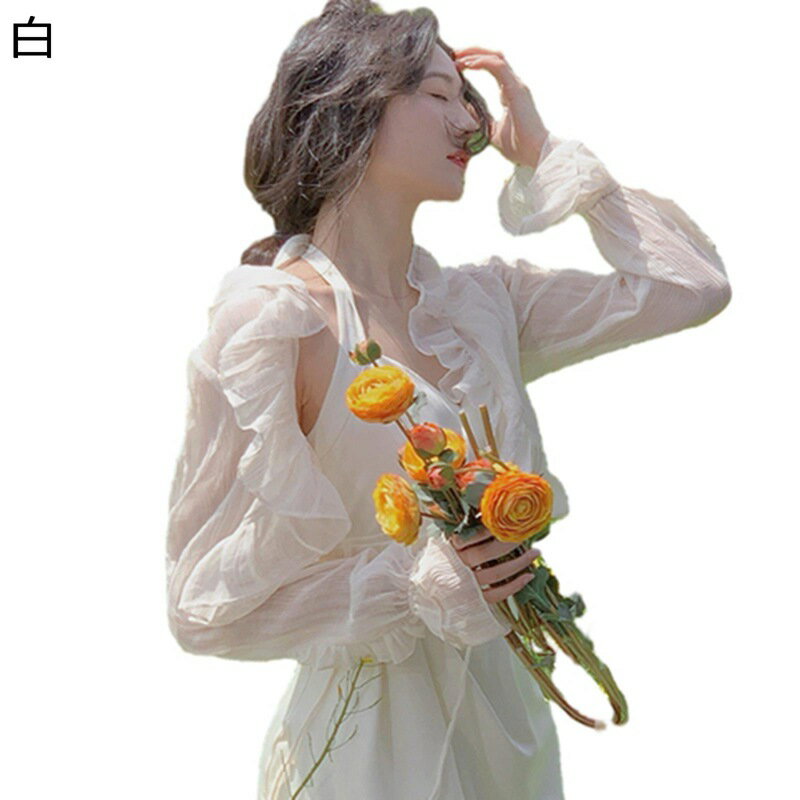 カーディガン フリル ショート レディース パフスリーブ 肩掛け サマーアウター 羽織もの 女性 森ガール 姫系 シンプル 空調対策 薄手 お洒落 日常着用 普段用 吸汗速乾 柔らかい 爽やか 春夏(4)