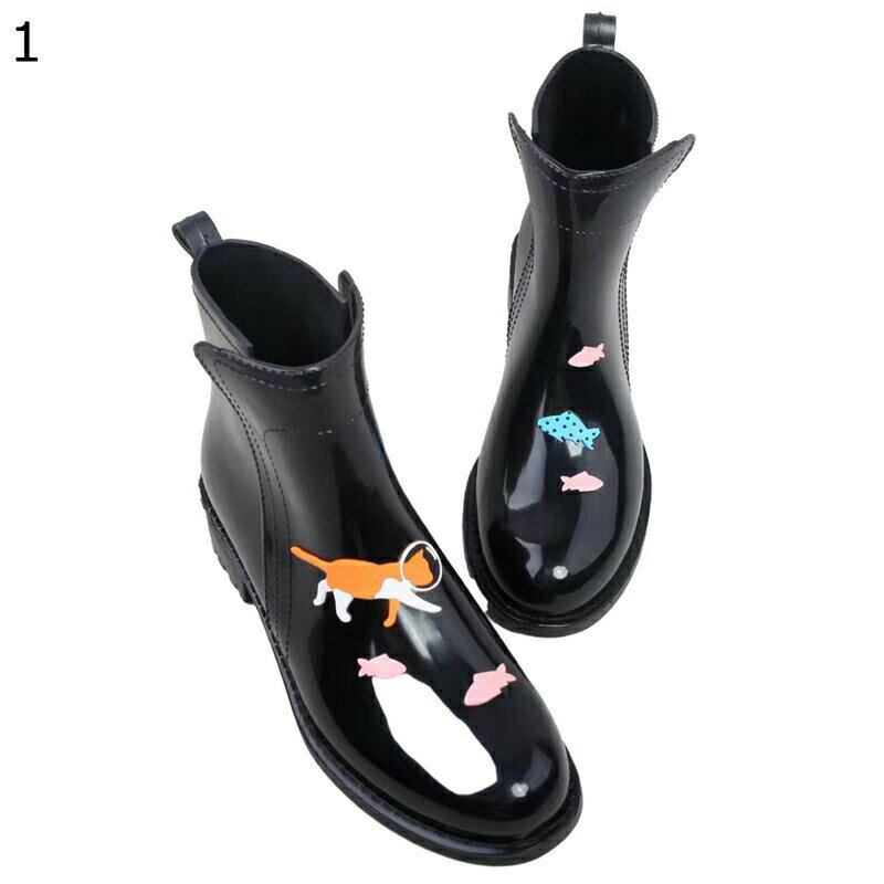 レインブーツ 猫 可愛い れいんしゅーず レディース ショートブーツ ローヒール スクエアヒール 完全防水 疲れにくい 柔軟性 滑りやめ 通気 オフィス 通勤 普段用 春秋向き 雨の日 豪雨対策