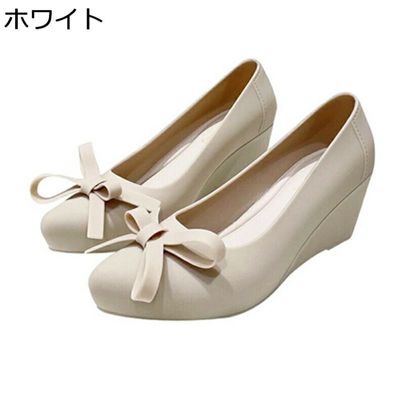 パンプス 晴雨兼用 レインシューズ レディース スリッポン ローカット ウェッジヒール リポン付き 防水..