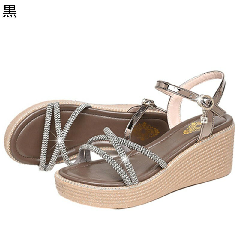 ウェッジサンダル レザー ラインストーン 本革 ビーチサンダル 細いストラップ レディース ハイヒール 甲ストラップ ウェッジソール 厚底 カジュアル ファッション フェミニン 夏靴