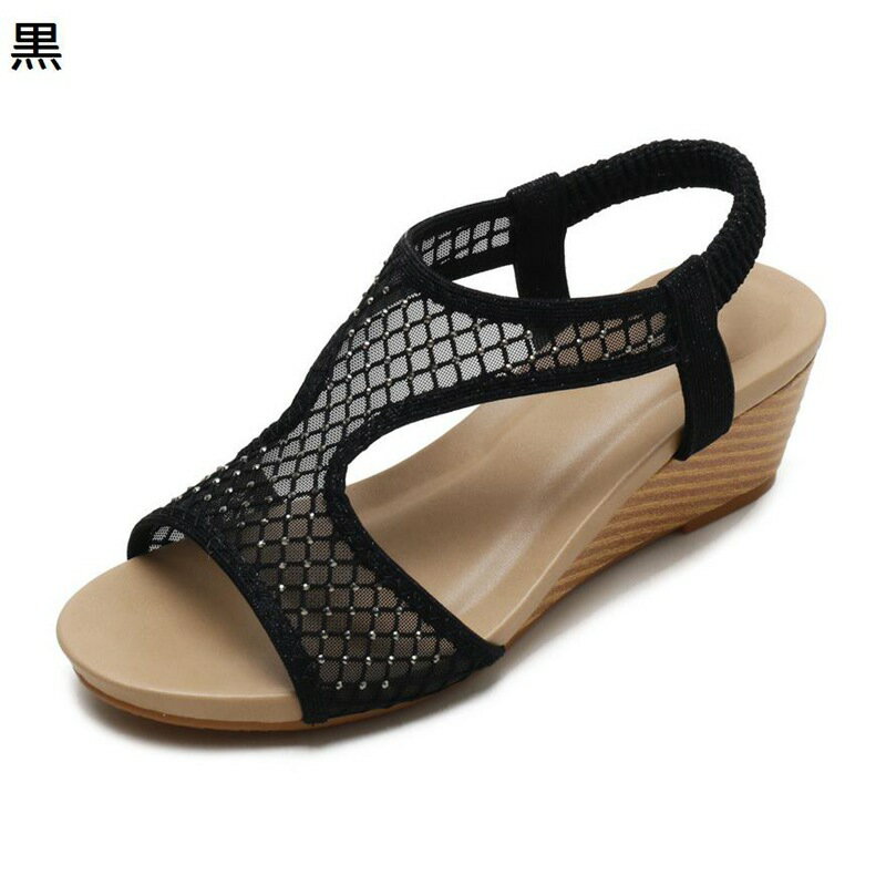 サンダル ラインストーン メッシュ 大きいサイズ ビーチサンダル レディース ビーサン ウェッジヒール 弾性バンド ミドルヒール レトロ ローマ風 通気性 簡潔 きれいめ フェミニン 夏