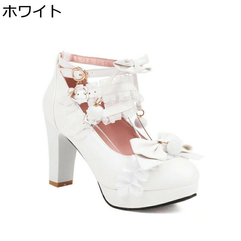 大きいサイズ ロリータ 厚底 9CMヒール レディース フリル レース リポン ダブル アンクルストラップ 茶話会 チャンキーヒール ラウン..