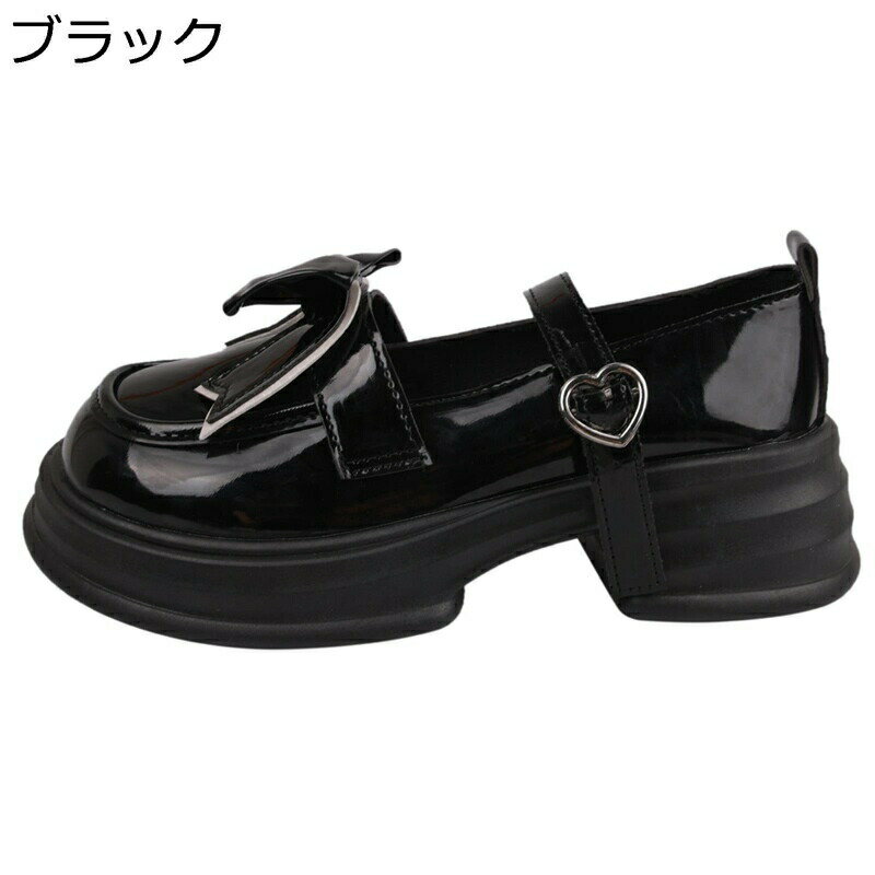 ロリータ パンプス 定番 レディース リポン エナメル PUレザー メリージェーン 厚底 5CMヒール ハート形 アンクルストラップ メイド靴 ..