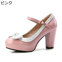 ロリータ チャンキーヒール レディース パンプス 8CMヒール 光沢感 リポン ポインテッドトゥ お嬢様 定番 姫系 茶話会 オシャレ 地下アイドル 地雷系 メイド靴 甘ロリ靴 艶 パーティー