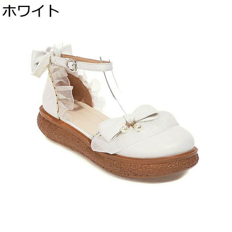 甘ロリ ロリータ靴 定番 パンプス レディース フリルレース リポン アンクルストラップ 茶話会 お嬢様 アンクルストラップ 姫系 地雷系 ゴム マット 厚底 メイド靴 地下アイドル