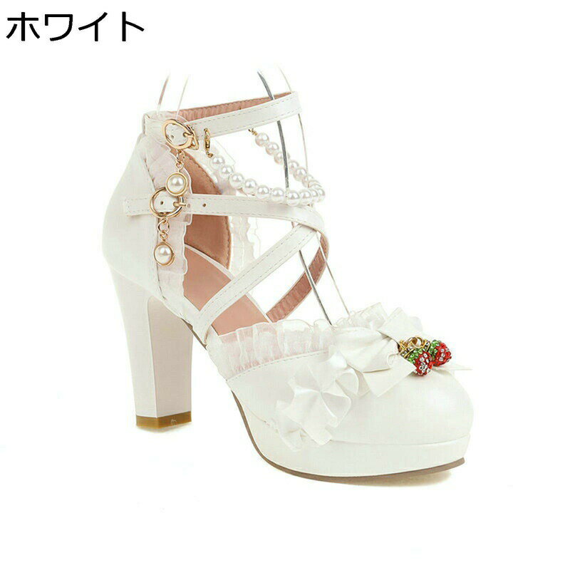 ロリータ レディース パンプス 姫系 レース フリル ダブル 甲ストラップ お嬢様 プリンセス 真珠飾り ..