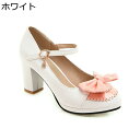 パンプス ロリータ 靴 レディース 大きいサイズ リポン フリル エナメル 7.5cm チャンキーヒール お嬢様 定番 アンクルストラップ 甘ロリ靴 ラウンドトゥ 小さいサイズ 茶話会 仮装 男の娘