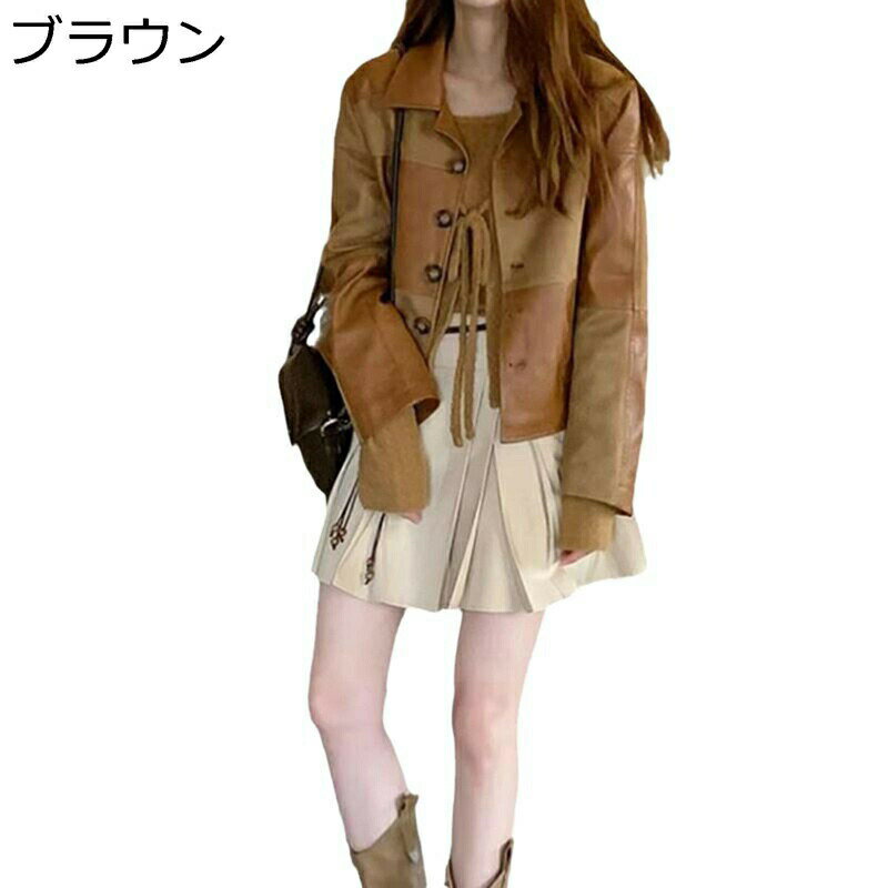 ジャケット フェイクレザー レディース アウター 長袖 ショート丈 ポタン スプライス ヴィンテージ ライダース 艶 おしゃれ 防風 ノーカラー 春秋冬 スリム モトジャケット クールジャケット